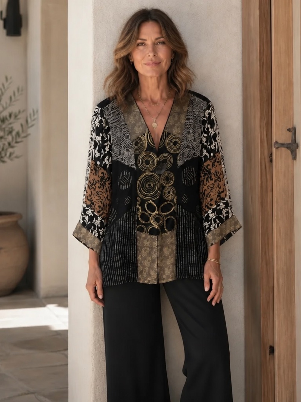 Ali Miles Women's PM Patchwork Embroidered Cardigan Jacket Black Brown Boho